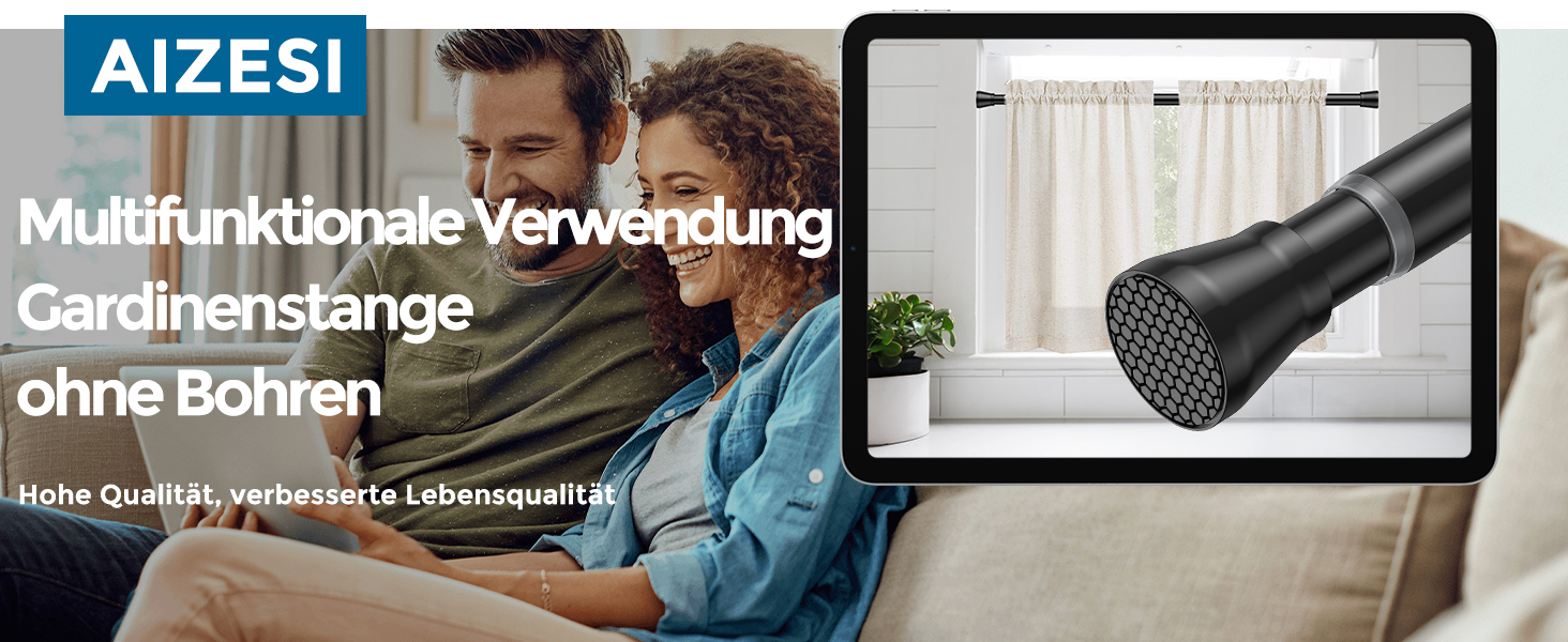Штанга для штор без свердління AIZESI 70-120см, телескопічна, чорна, діаметр 22мм