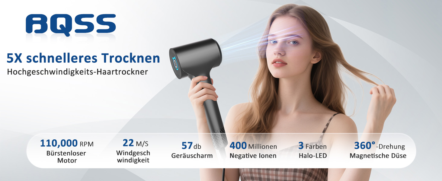 Föhn Ionen Supersonic Hair Dryer: 200 Million Negative Ion Hair Dryer with Quiet, Fast 110,000 RPM Motor, 57dB, Intelligent Thermostat for Travel - Dark Gray