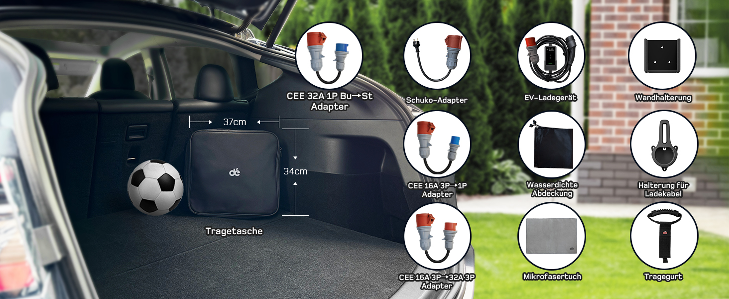 Зарядна станція для електромобілів Dé 11 кВт (3 фази, 6-16A) з регульованою потужністю, кабель CEE 16A - Type 2, сумісна з Model Y/3, ID.3/4/5, MG4, EX30, e-up, e-tron та BEV/PHEV, комплект 7м