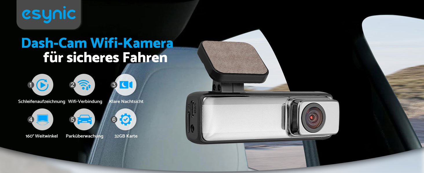 eSynic Міні відеореєстратор (Dashcam) Auto WiFi 1080P Full HD – 160° Широкий кут, Нічне бачення, G-сенсор, Паркувальний режим, Керування через App, WiFi, 32GB SD-карта в комплекті