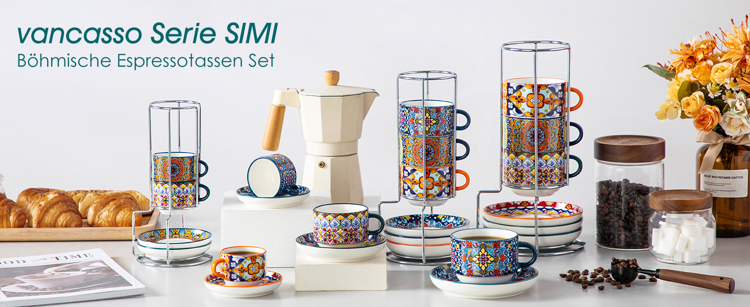 Набір чашок для еспресо Vancasso 4 шт., 150 мл SIMI: чашки з підставками та стійкою, керамічні, для капучино, еспресо, лате