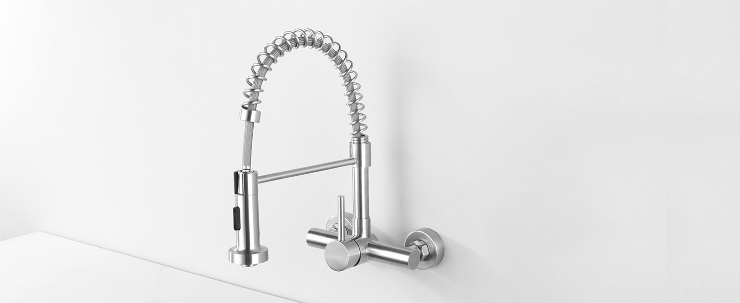 Змішувач кухонний настінний висувний з душем, поворотний 360°, з нержавіючої сталі, матовий, монтажне отвір 15 см