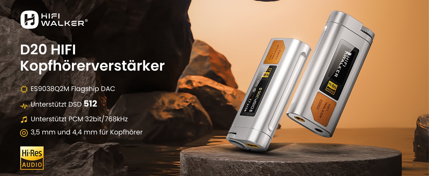 HIFI WALKER D20 DAC512: Портативний підсилювач/ЦАП для навушників – USB ЦАП Hi-Res аудіо з 4.4 мм балансним та 3.5 мм виходом, ES9038Q2M + CT7601PR, підтримка PCM 768 кГц/DSD512, алюміній, OLED дисплей, сріблястий