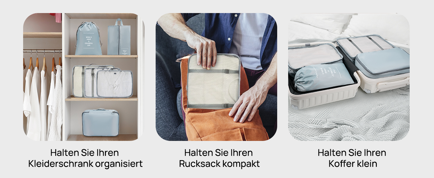 Органайзери для валізи 8 шт., дорожні куби для подорожей, водонепроникні, з косметичкою, сірі