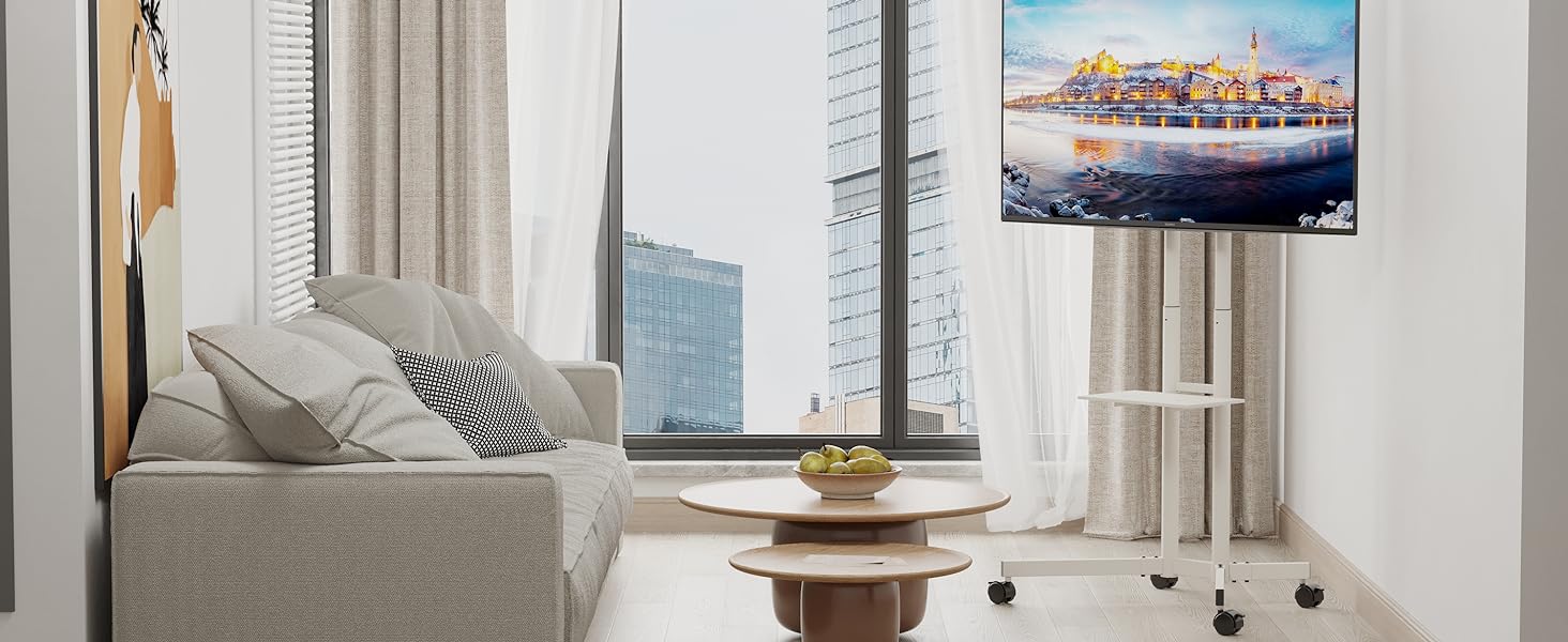 Підставка для телевізора BONTEC на колесах, регульована по висоті, для LCD, LED, OLED, Plasma, Flat & Curved телевізорів 32-85 дюймів, до 60 кг, VESA 600x400 мм (біла)