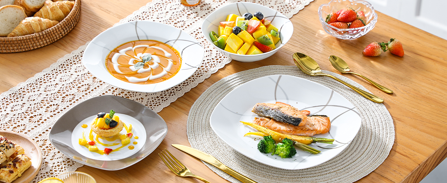 VEWEET Сервіз столовий 'Нікіта' з порцеляни, 24 елементи | Комплект посуду включає миски, десертні тарілки, тарілки для їжі та супові тарілки | Сервіз для 4-12 осіб, 24 елементи