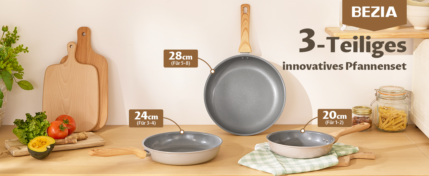 Набір сковорідок для індукції, 20/24/28 см, керамічне покриття з бакелітовою ручкою, антипригарне покриття, молекулярно з'єднане дно для індукції, підходить для всіх типів плит, без PTFE, PFAS та PFOA, 3 шт.