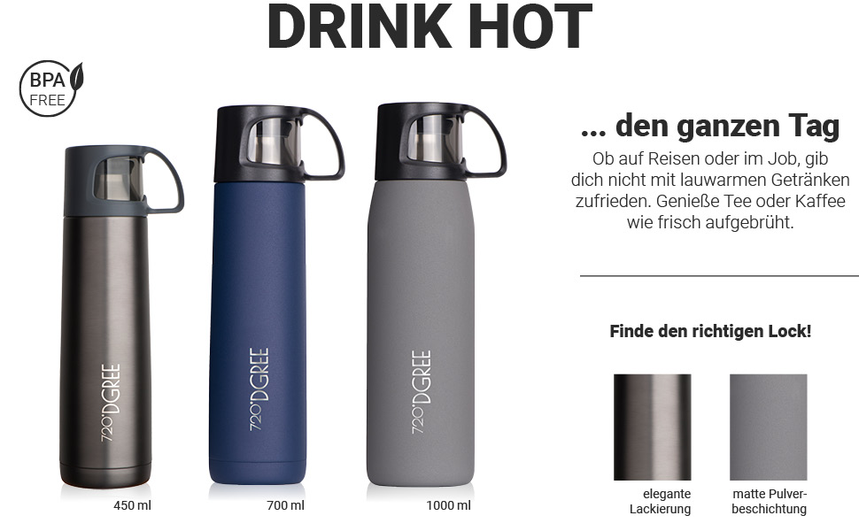 Термос 720°DGREE Follow 1 л з чашкою, нержавіюча сталь, герметичний, BPA-free, зберігає тепло 12 годин, холод 24 години, для кави, чаю, роботи, школи, подорожей