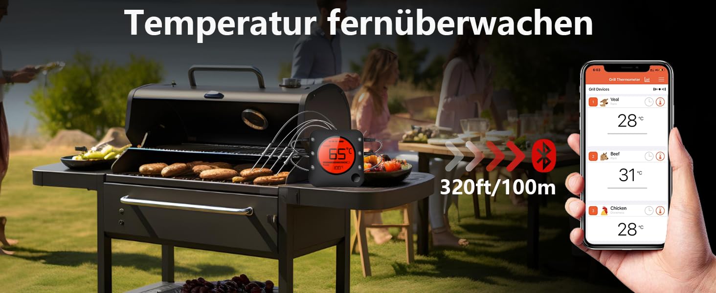 Бездротовий Bluetooth термометр для гриля BFOUR 100м з 4 нержавіючими зондами, великим LCD-дисплеєм, для м'яса, гриля, коптильні, духовки та BBQ