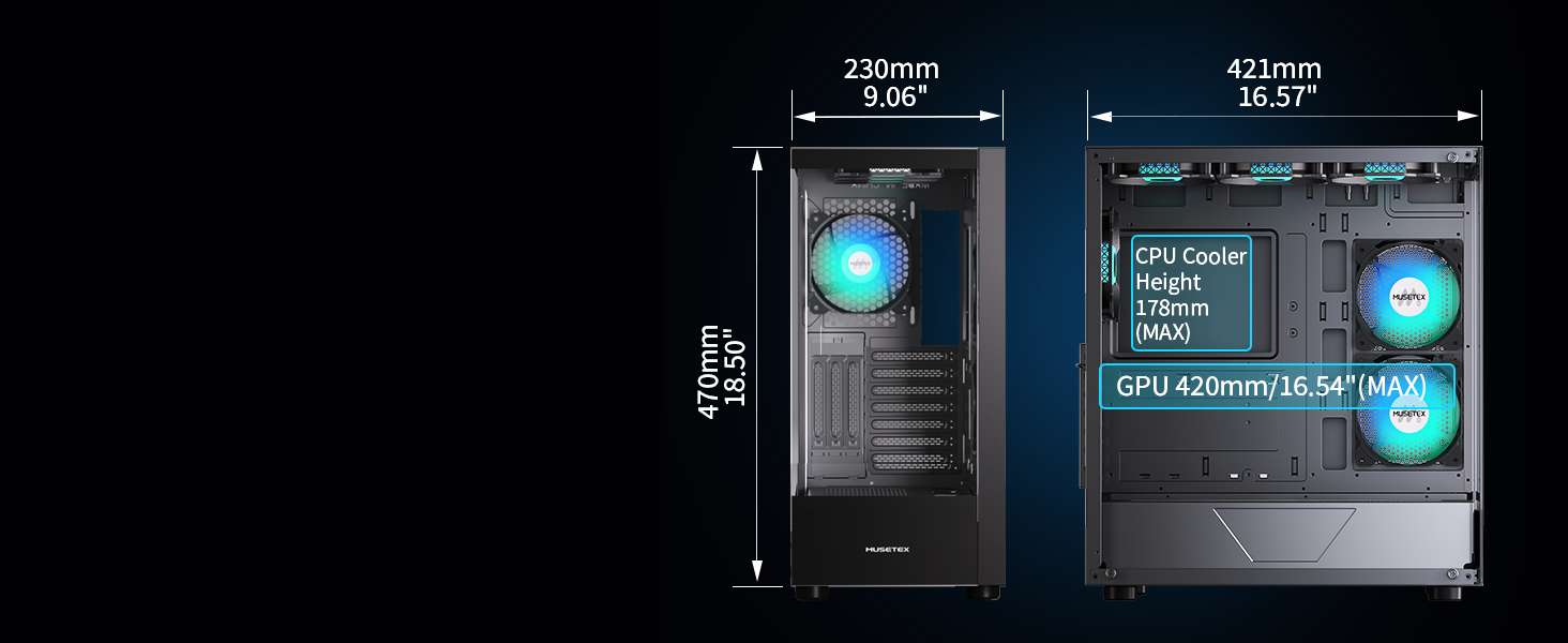 Корпус ПК MUSETEX K2: ATX Mid Tower з 7 PWM ARGB-вентиляторами, подвійне панорамне скло, Type-C, чорний (42.1 x 23 x 47 см)