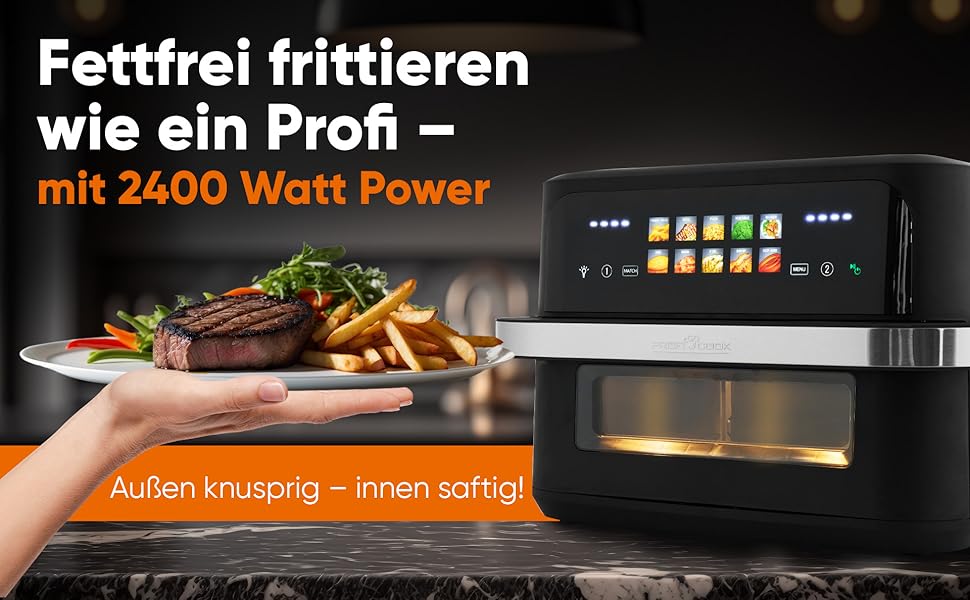 Фритюрниця повітряна ProfiCook XXL з 10л, 2 камери, сенсорне управління, 10 програм, 80-200°C, чорна