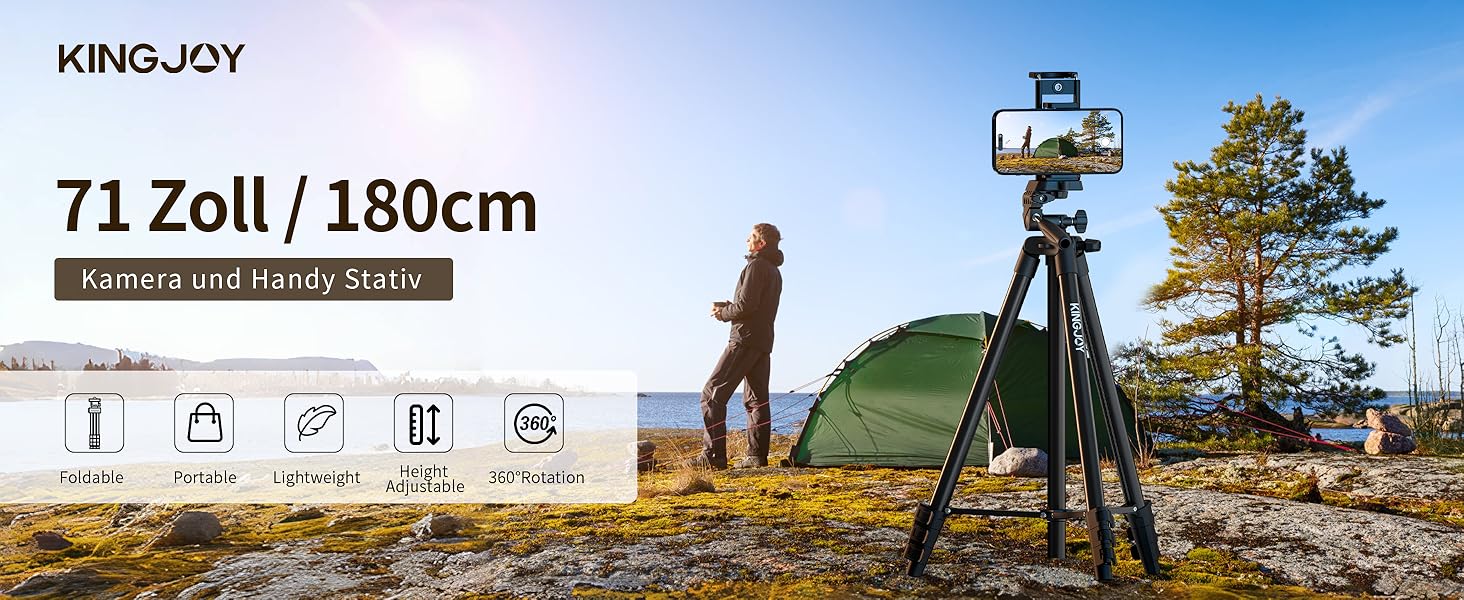 KINGJOY Штатив для камери та смартфона, 180см, з пусковим заходом, для Canon, Nikon, Action Camera, з тримачем для планшету