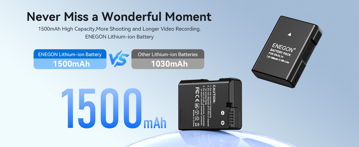 Зарядний пристрій ENEGON EN-EL14 20W з подвійним акумулятором, швидка зарядка, сумісний з Nikon D3100-D3500, Coolpix P7000-P7100, LCD-дисплей (2 акумулятори)