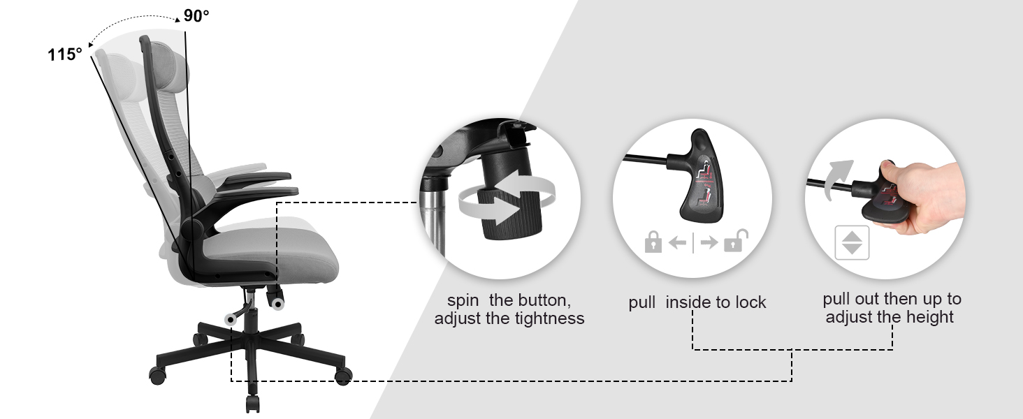 Ергономічне крісло для офісу з регульованою підголовником, сітчасте крісло для робочого столу, відкидні підлокітники, широке сидіння, функція гойдання, комп'ютерне крісло EN 1335, офісне крісло 200 кг, сіре та чорне