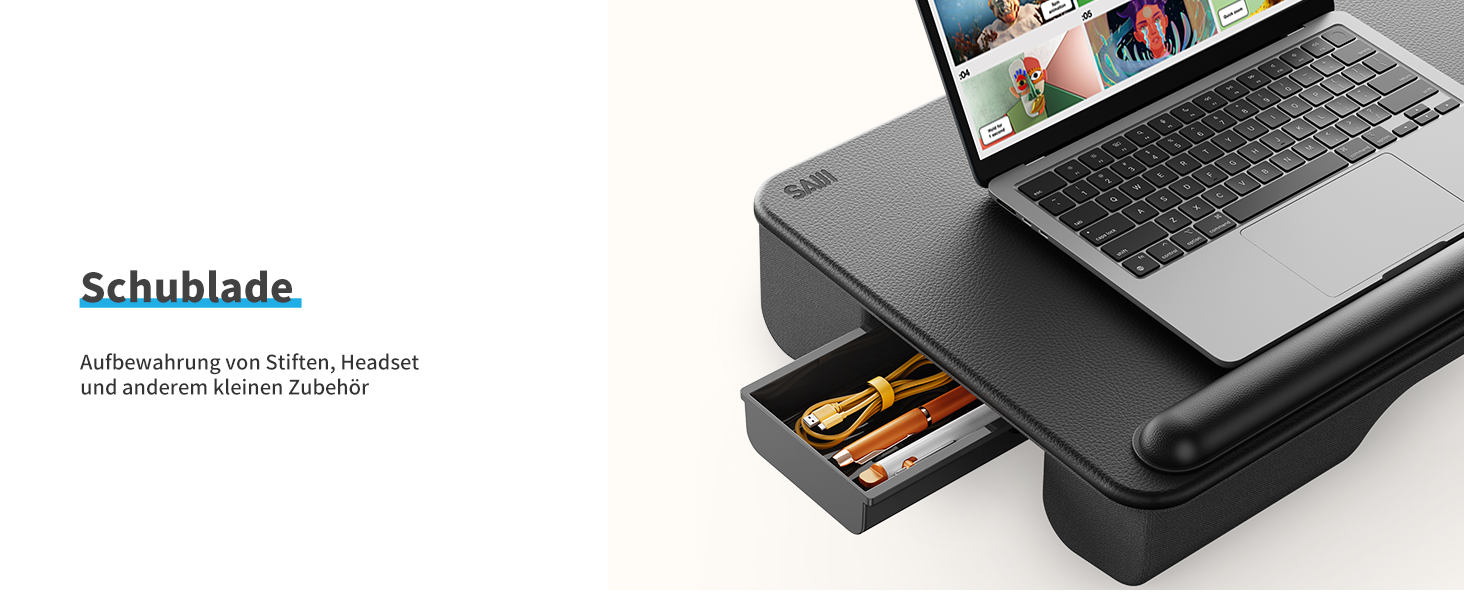 Підставка для ноутбука SAIJI з підставкою для зап'ястя та відділенням для телефону, для роботи в ліжку/на дивані, чорна