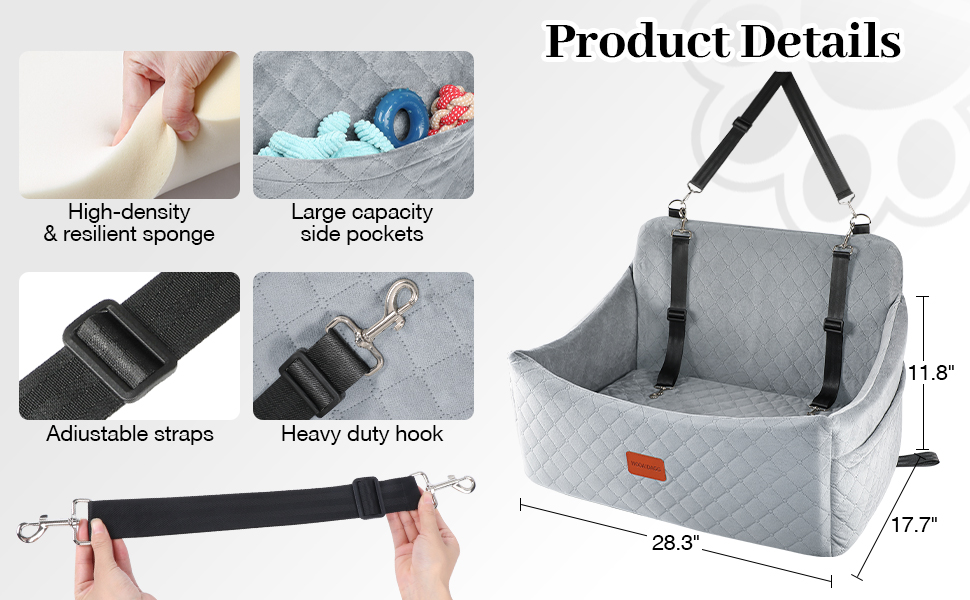 Wooaidagg Memory Foam Dog Car Seat - Washable & Detachable Pet Bed for Medium & Large Dogs - Includes 2 Leashes (Black, Large)