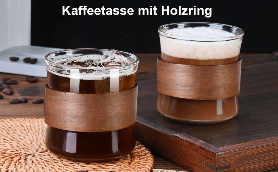 Набір чашок для еспресо ParaCity, 2 шт. з дерев'яним кільцем, склянка для еспресо та шнапсу з боросилікатного скла, прозора маленька чашка для еспресо, аксесуари для еспресо (240 мл)
