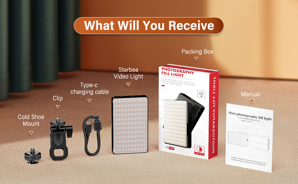 LED світло для селфі на телефон з регулюванням яскравості, 120 світлодіодів, 2500-9000K, акумулятор 3000mAh, CRI 95+, з тримачем для телефону та штативом, для фото та відеозйомки