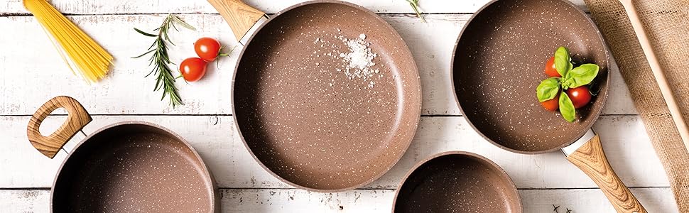 Набір сковорідок Excelsa Wood & Stone Set 3 шт. з антипригарним покриттям, алюміній, ковані