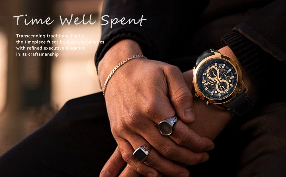 Чоловічий годинник PINDOWS з хронографом, кварцовий, аналоговий, водонепроникний, чорний корпус, чорний/коричневий ремінець, помаранчевий циферблат