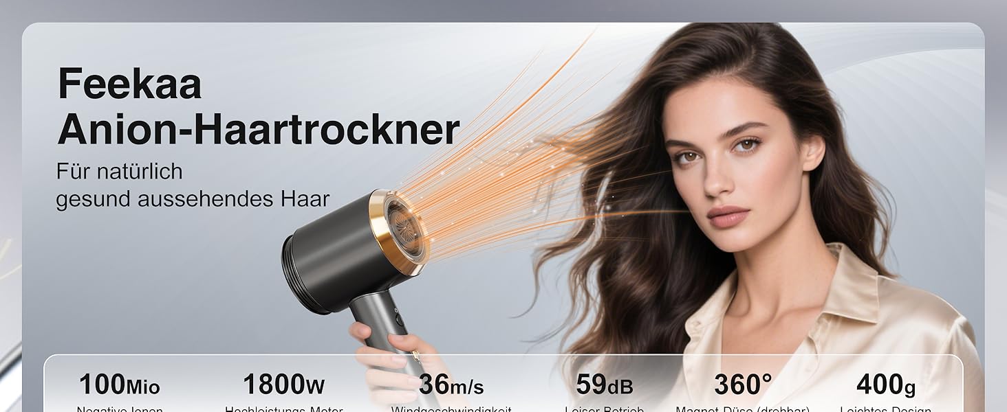 Іонський фен Feekaa з дифузором та магнітною насадкою, для подорожей та кучерявого волосся, 4 температурні режими, матовий чорний