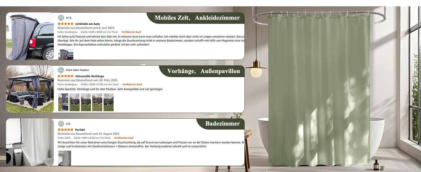 Штора для душу EurCross 180x200 см водонепроникна текстильна зелена з кільцями (1 шт)