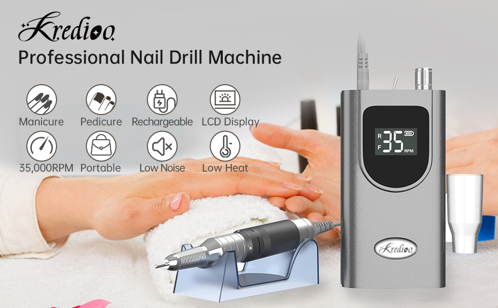 Електрична нігтьова фрезер Kredioo з LED-дисплеєм та 6 насадками для гель та акрил (35000 об/хв)