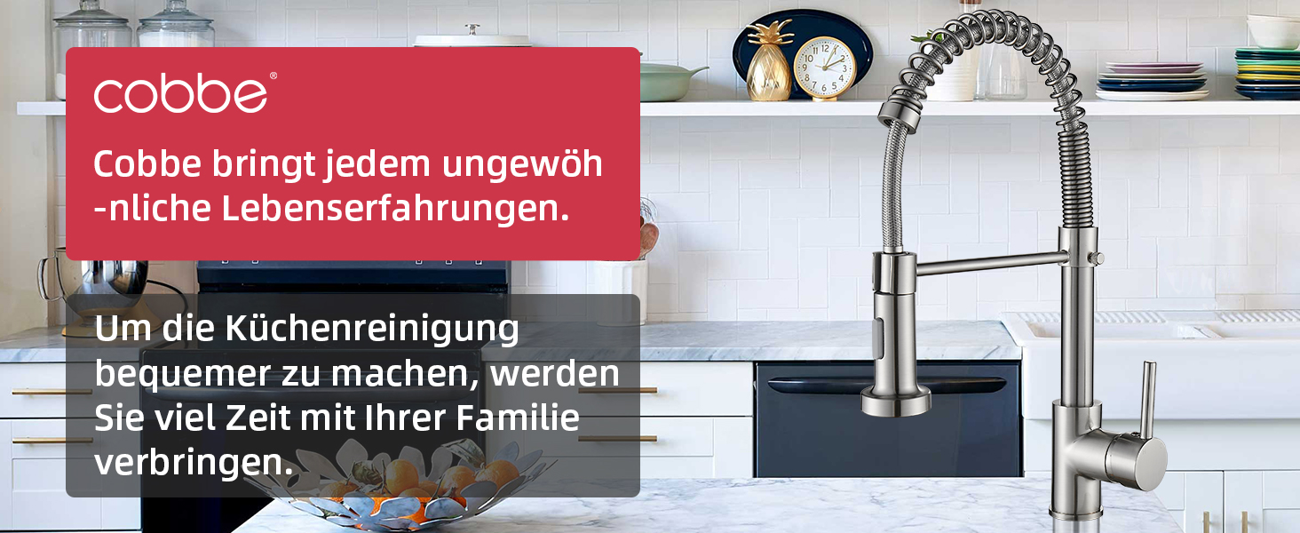 Кран кухонний Cobbe з висувним виливом та душем, 2 режими, поворотний на 360°, високий тиск, матовий нікель