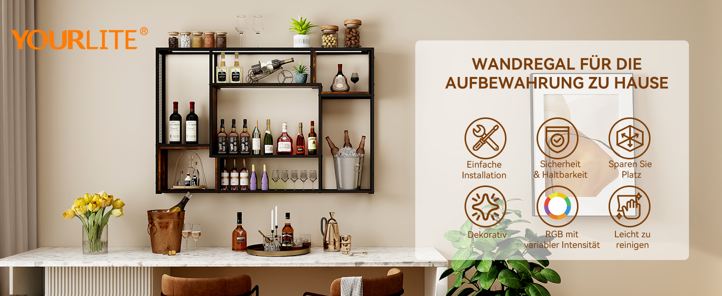 Стильне металеве виноградне реіал на стіну з LED-підсвічуванням, 3 яруси, чорний, 120x80 см