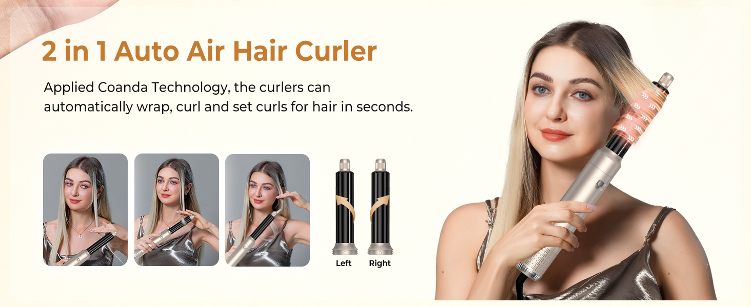 UKLISS Hairstyler 6 в 1 Airbrush: професійний набір для укладки волосся | 1000W | Air Curler, фен-щітка, стайлер для локонів, об'єму та випрямлення | Золотий