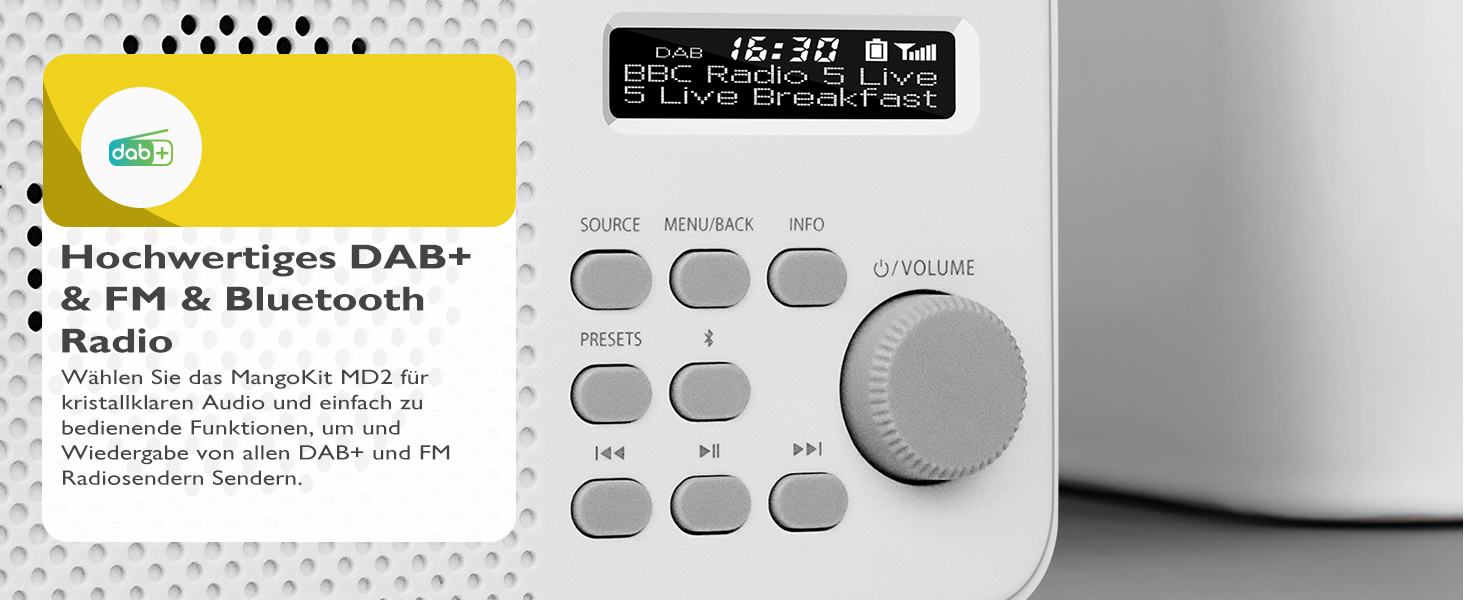 MD5 Стерео Радіо DAB з Bluetooth 5.3 та 2.4' Кольоровим Дисплеєм, Портативне Цифрове Радіо UKW, 2.0 Стереозвук, 40 Пам'ять, Будильник, Повторний Будильник & Сон, USB-C Живлення (Від Мережі або від Батареї) (Колір: Горіх, Моно Кам'яне Сіре)