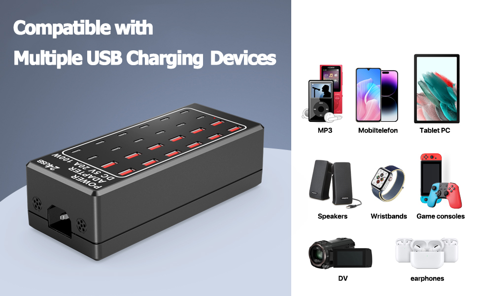 Зарядний пристрій USB-C на 24 порти 100W/20A, настільна USB-станція для iPhone, Samsung, Google, планшетів та ін.