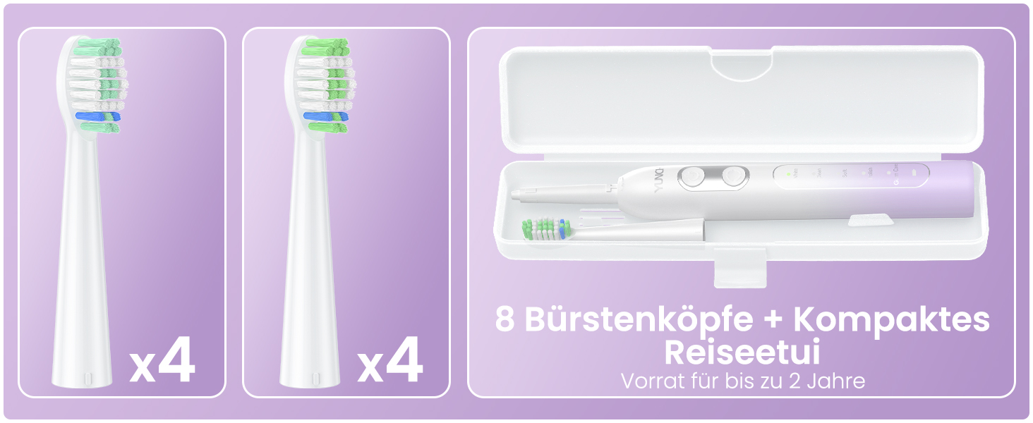 Електрична зубна щітка YUNCHI C2 з 40000 вібрацій на хвилину, звукова щітка для дорослих, зарядка USB-C, акумулятор на 55 днів, 5 режимів чищення, таймер 2 хвилини, 8 насадок, дорожній футляр, чорний (C2 фіолетовий та білий)