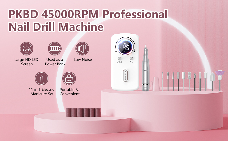 Професійний портативний фрезер для нігтів 45000 об/хв з LCD-дисплеєм - для акрилу та гелю, 11 насадок, рожевий/білий