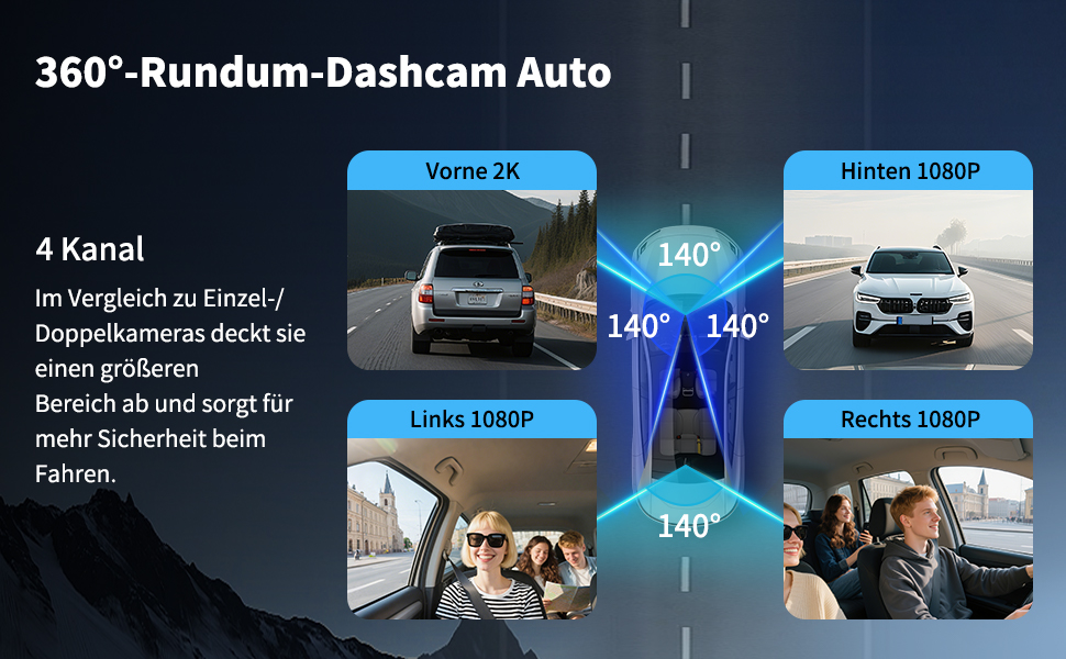 Відеореєстратор в авто Dash Cam 2K/1080p з 64GB SD-картою, 4 камери, IPS-дисплей 3