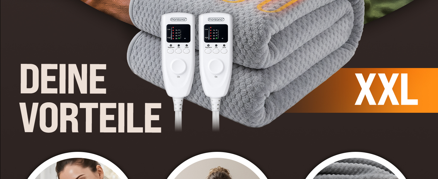 Електрична ковдра Monzana® 160x140 см з таймером, Coral Fleece, 2x60W, сіра, з захистом від перегріву, пральна, для дому