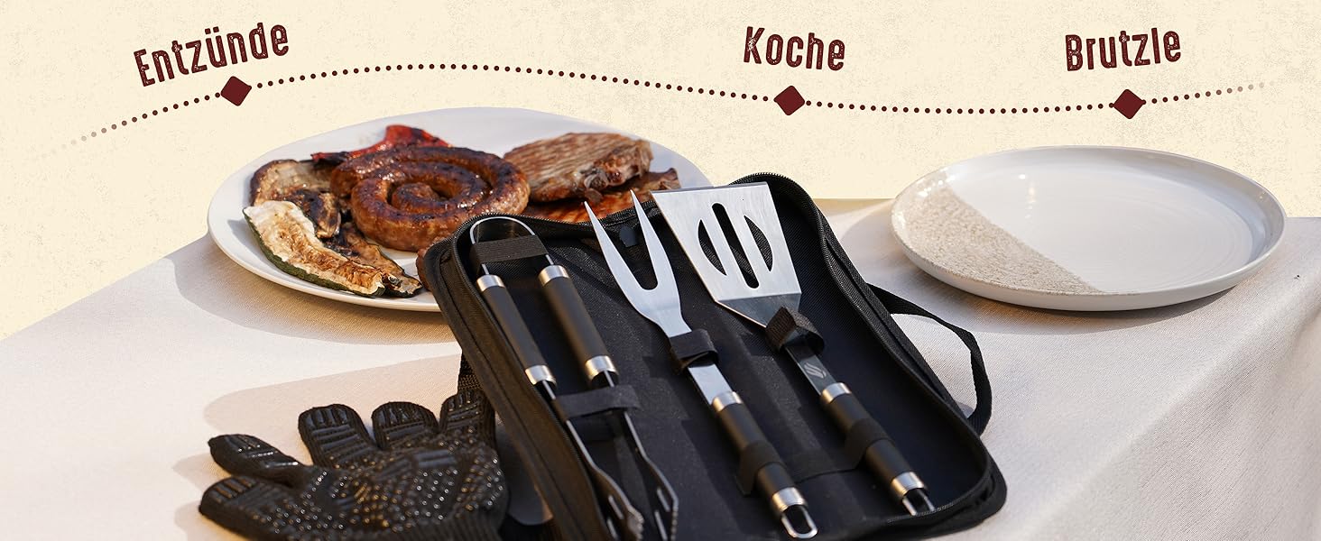 HORUS 23 Набір аксесуарів для гриля – 4 предметний набір: щипці, лопатка, виделка та термостійкий рукавичка