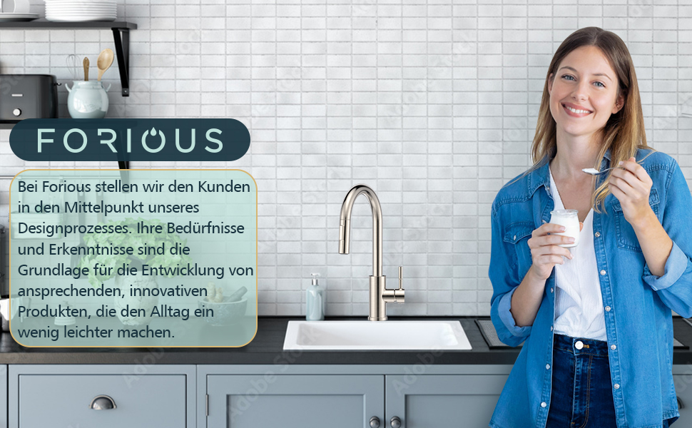 Змішувач кухонний FORIOUS чорного кольору з висувною лійкою, поворотний на 360°, нержавіюча сталь