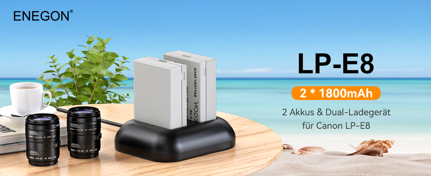 Запасні акумулятори ENEGON (2 шт) та зарядний пристрій Rapid Dual для Canon LP-E8 (EOS Rebel T2i, T3i, T4i, T5i, 550D, 600D, 650D, 700D, Kiss X4, X5, X6, LC-E8E)