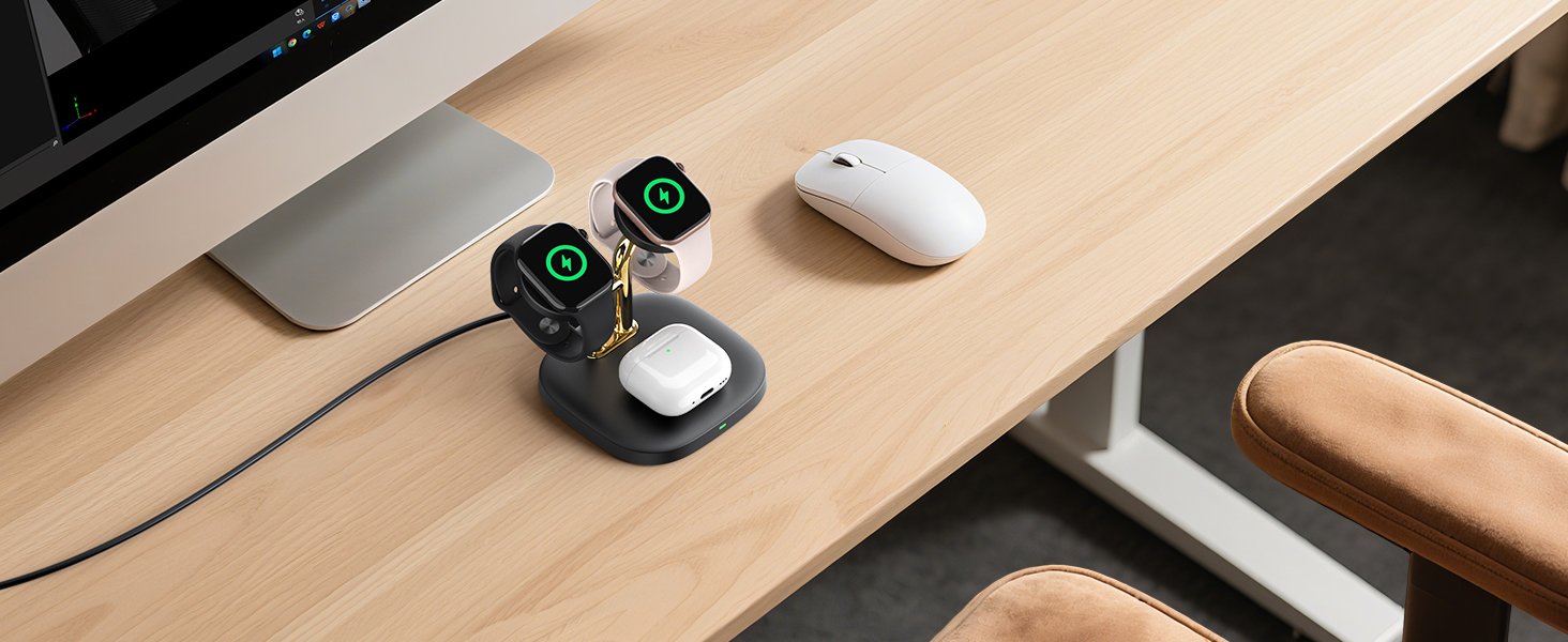 Зарядна станція SwanScout Doppel Watch 704A для Apple Watch 10/Ultra/9/8/7/6 та AirPods Pro (3.3W, без адаптера, чорний/золотий)