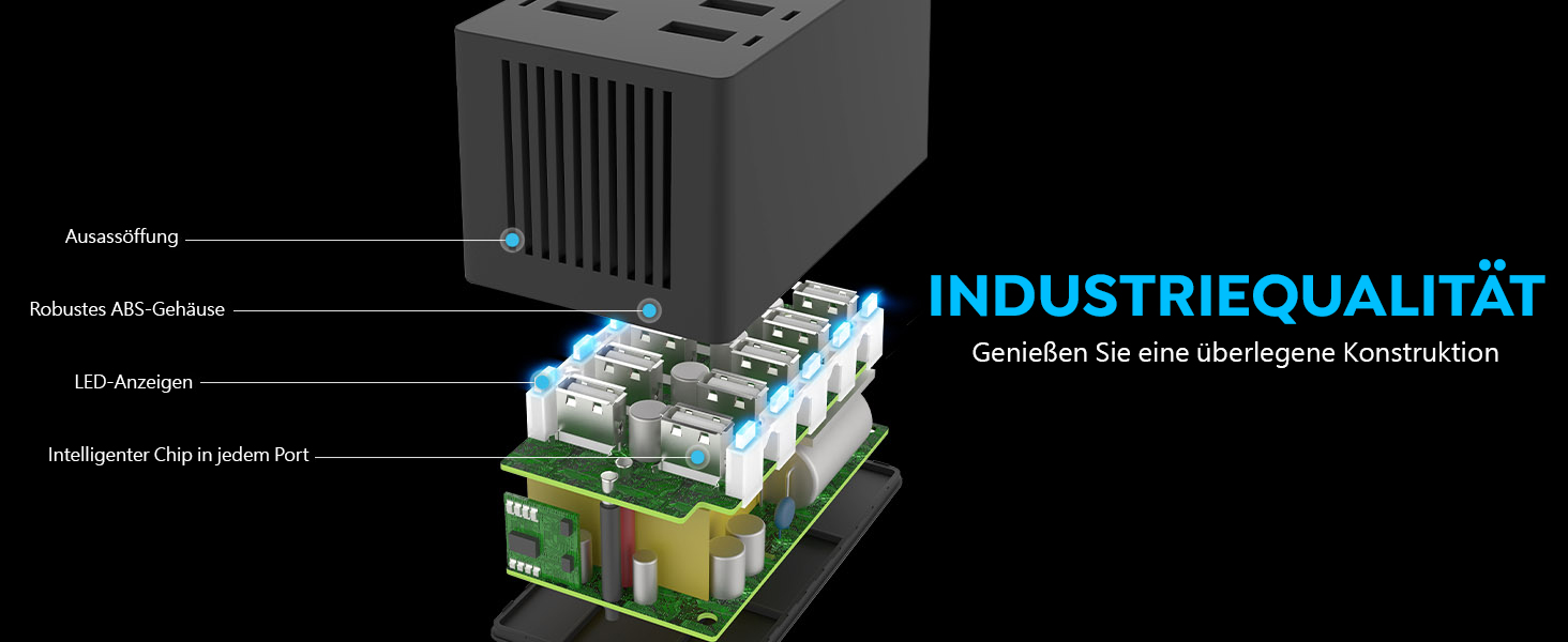 Зарядний пристрій Sabrent USB 60W, 10 портів, швидка зарядка для MacBook, ноутбуків USB-C, iPhone, Samsung Galaxy (AX-TPCS) - Чорний