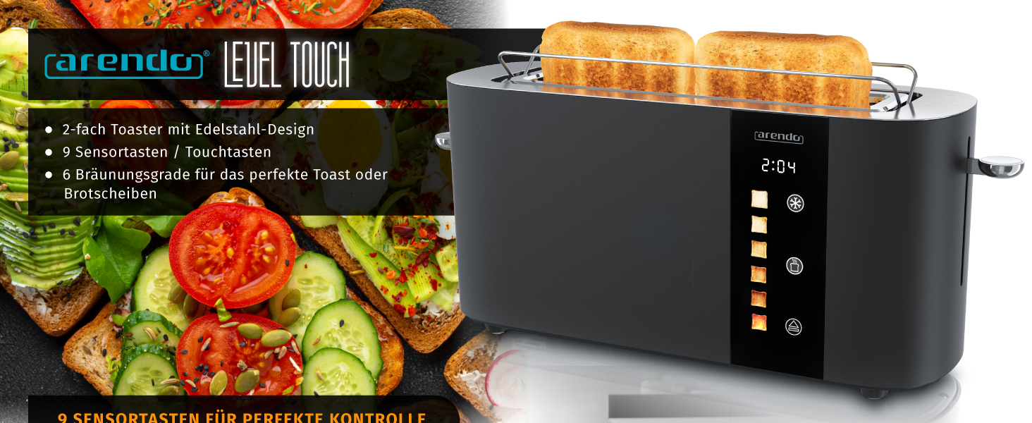 Тостер Arendo з нержавіючої сталі, 2 відділення, довгий проріз, сенсорний дисплей, подвійні стінки, підставка для булочок, 6 рівнів підсмажування, центрування хліба, індикатор часу, функція пам'яті, чорний колір A: Нічний чорний
