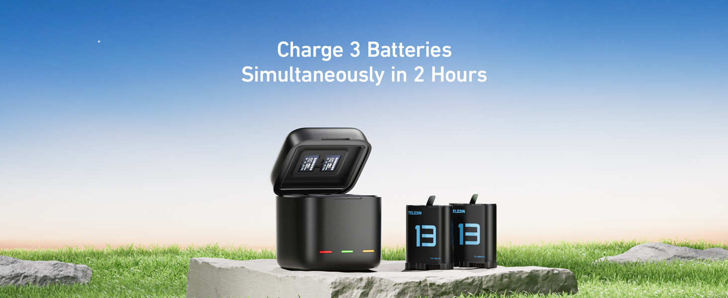 Акумулятори TELESIN 2 шт. з зарядним пристроєм для GoPro Hero 13 Black, сумісні з оригінальними акумуляторами, тризарядний USB-чохол з Type-C кабелем, акумуляторна сумка для Go Pro 13 Black