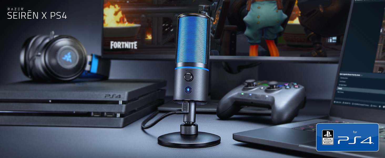 Razer Seiren X для PlayStation - USB конденсаторний мікрофон для стрімінгу PS4/PS5 (чорно-синій) з антивібраційним кріпленням та кнопкою вимкнення звуку