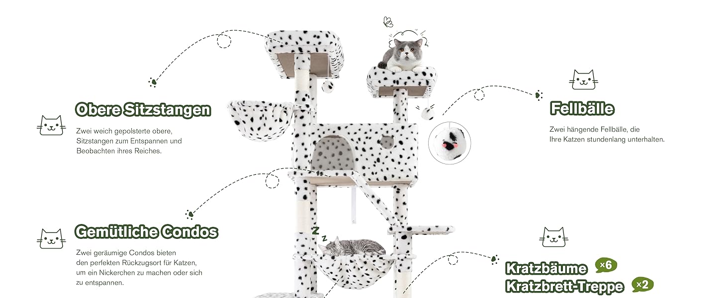 Котячий будиночок MUTICOR з когтеточкою, 206 см, багатоярусний, для великих котів, з лежаком-гамаком, широка база, колір: білий та чорний