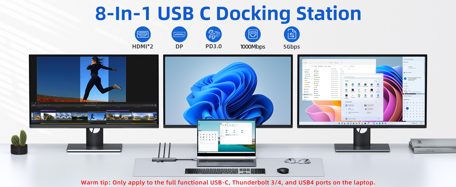 Док-станція USB-C для ноутбука з підтримкою 2 моніторів, 8 в 1: HDMI, DisplayPort, Ethernet, PD 100W, USB 3.0, сумісна з Dell, HP
