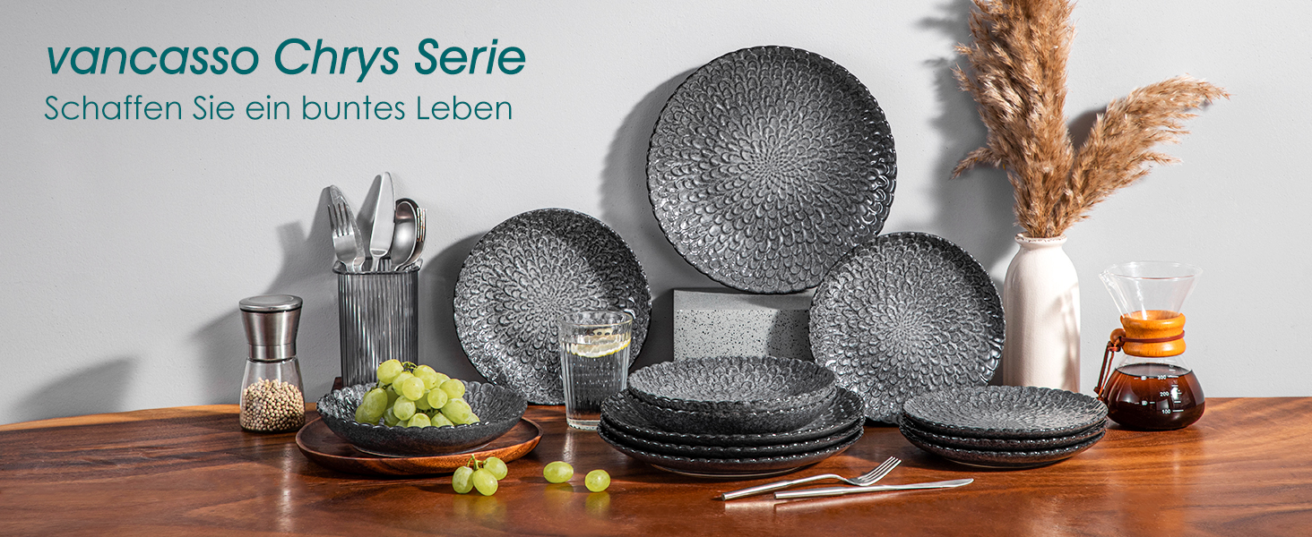 Комплект посуду Vancasso Chrys: 12 предметів з кераміки для 4-12 осіб (тарілки для супу, десерту, обідні)