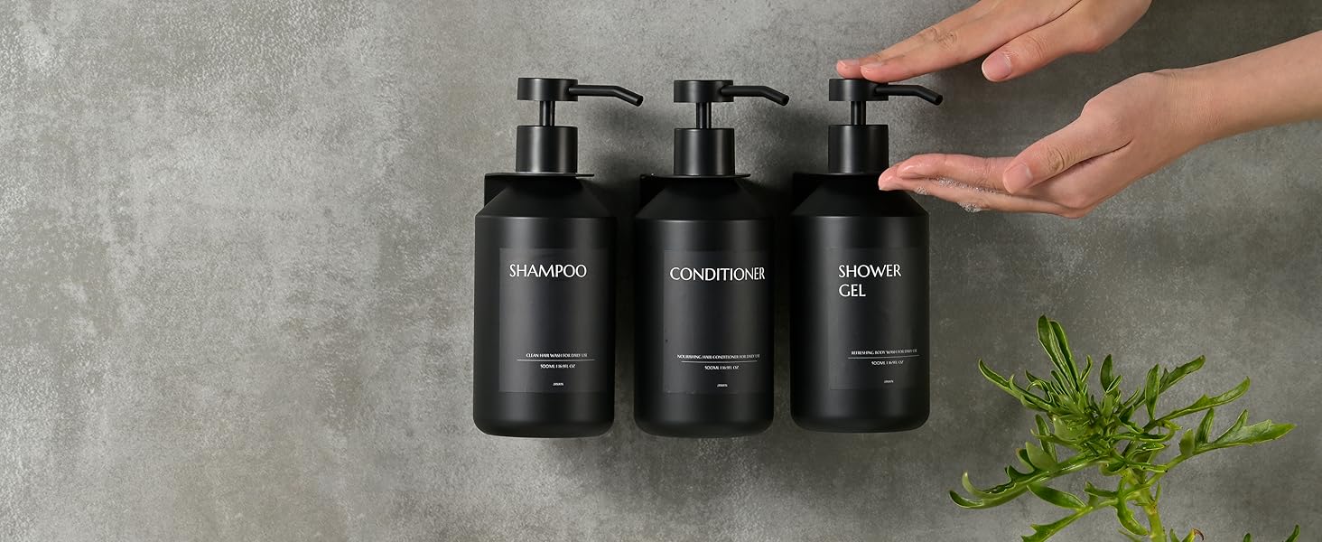 3 шт. дозатори для мила настінне кріплення, 500 мл, дозатори для шампуню та гелю для душу, чорний колір, без свердління, для кухні та ванної кімнати