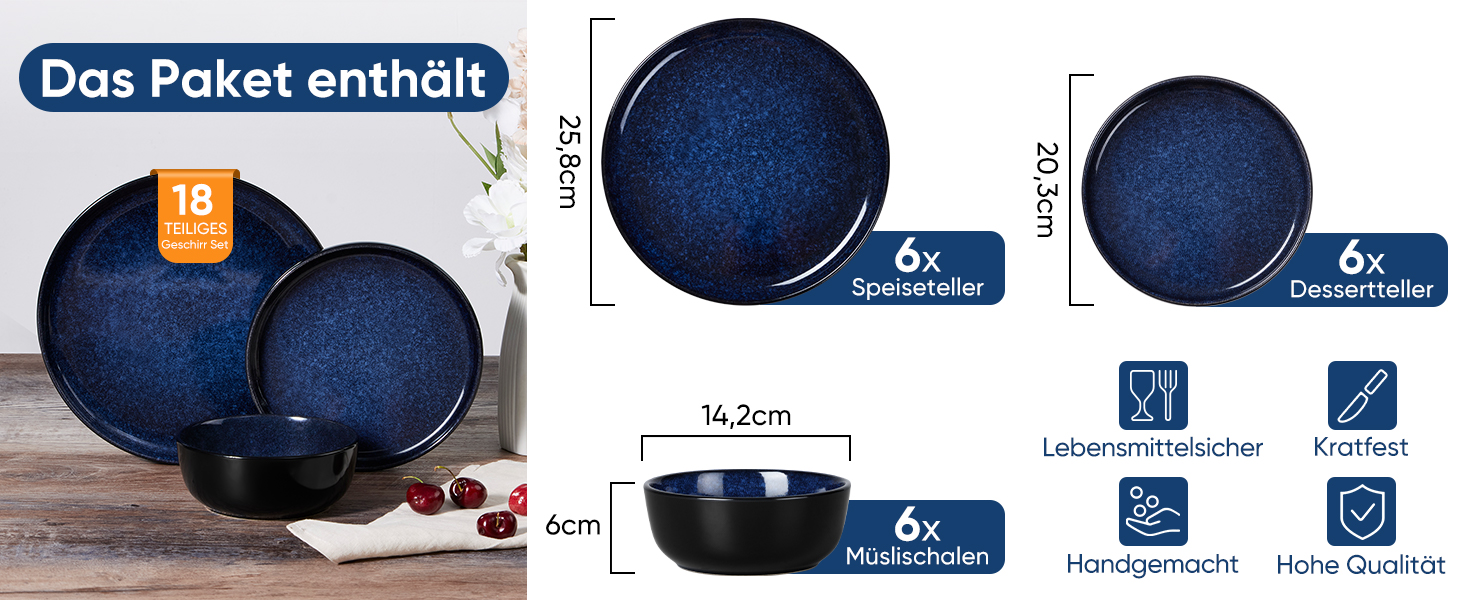Набір посуду HaWare на 6 осіб, 18 предметів: тарілки з реактивної глазурі, комплект посуду для сервірування столу (Edelblau)