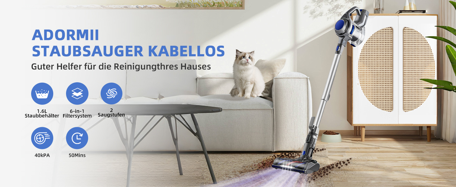 Бездротовий пилосос Authmic 40000Pa з акумулятором, час роботи до 50 хв, об'єм контейнера 1.6л, HEPA фільтр x4, для килимів, твердих підлог та шерсті тварин (блакитний)